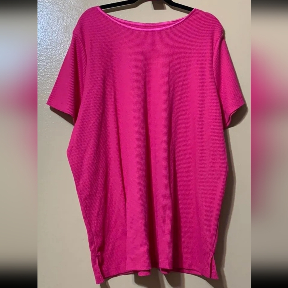 #034 Woman Within- Hot Pink Waffle Knit Top with Satin Neckline Pullover